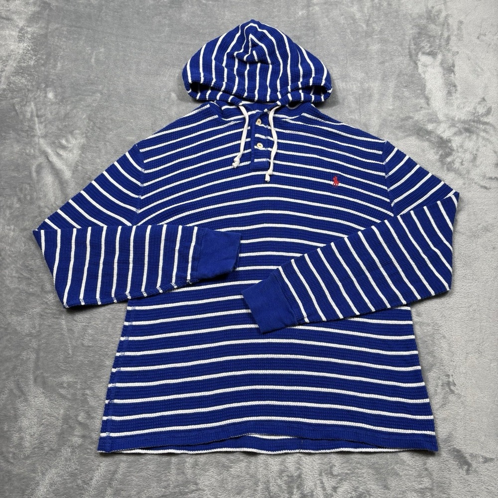 Polo Ralph Lauren Waffle Knit Thermal Hoodie XL Blue White Striped Cotton
